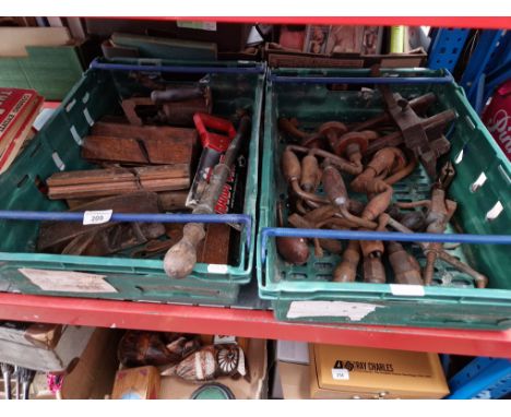 Two boxes of hand tools including planes, hand drills, blowlamp etc. 
