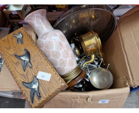 A box of misc to include plated ware, brass ware, table lamp, jewellery boxes etc 