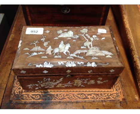 A Chinese mother of pearl inlaid rosewood casket/trinket box. Condition- various losses to the mother of pearl inlay, some sp