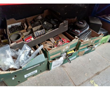 8 boxes of garage items including Briggs &amp; Stratton 375 lawnmower engine, tools, etc 