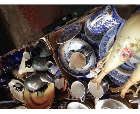 2 boxes of mixed pottery and glass to include a Willow tea set, pewter teapot, vases and various blue &amp; white items etc. 