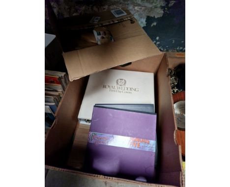 A royal Wedding first day covers album, 3 stamp books and a box of loose stamps 