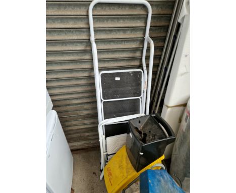 2 metal step ladders and an extra tall set of steps, an Alco garden shredder, and a rolling garden cart with tool tray 