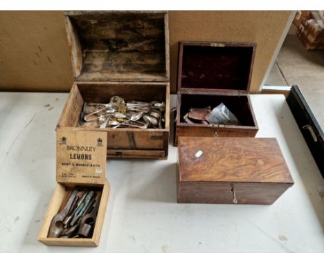 Four vintage wooden boxes containing silver plate, collectables etc. 