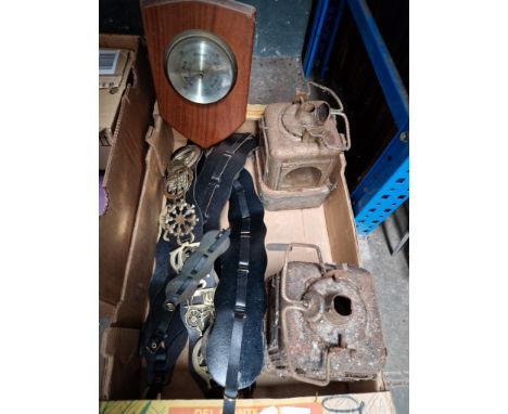 A box of horse brasses, barometer, 2 vintage oil warning lamps etc 