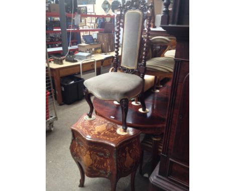 A continental inlaid bombe commode/chest of drawers and a carved mahogany chair. Dimensions- height 72cm, width 67cm and dept