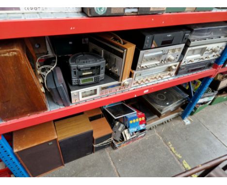 2 shelves of hi fi players and accessories including JVC, Daewoo, Pioneer, receivers, amps, Technics record deck, Amstrad tap