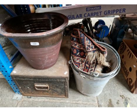 A mixed lot comprising a metal trunk, an eastern rug, galvanised buckets and stoneware pots. 
