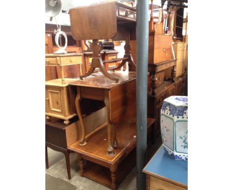 A mahogany sofa table, a mahogany drop leaf table and an aged oak coffee table. 