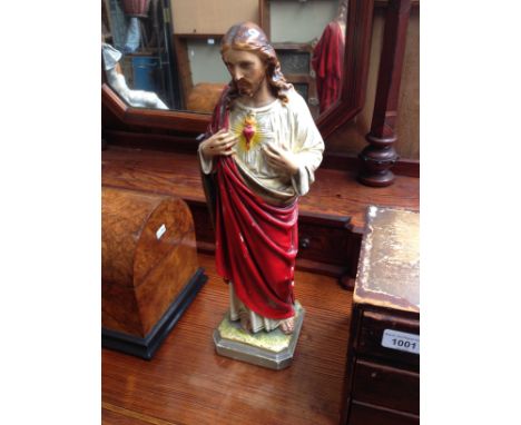 A vintage plaster figure of Jesus and the Sacred Heart, inscribed with 'CR' monogram to rear, height 41cm. 