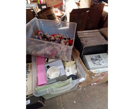 A box of misc including trinket boxes, etc, a box of toy figures to include Snoopy, Dalmatians and a box of Laurel &amp; Hard