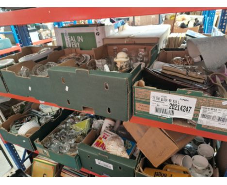 8 boxes of mixed items including ornaments, collectors plates, handbags, glass ware,  conch shell, table lamp etc 