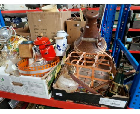 2 boxes of misc items including billy can, kitchen ware, metal milk crate, light fittings, 1970s German lava lamp base 