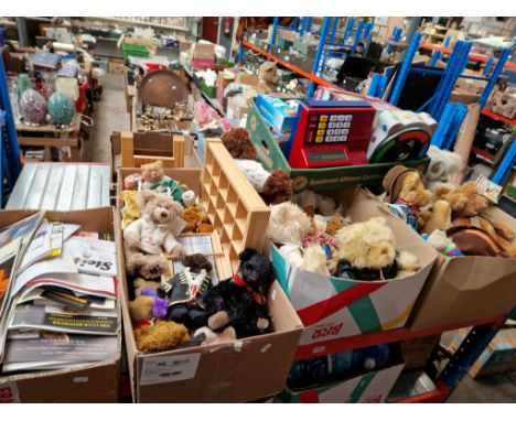 9 boxes of soft toys, Giorgio bears, fancy dress costumes, toys and games etc and a box of Steiff Collectors Club magazines a