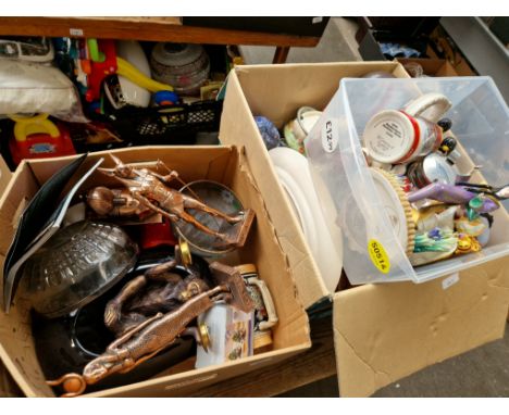 Three boxes of mixed items including pottery, glass, metalware, bronze effect Egyptian figures from the Leonardo collection, 