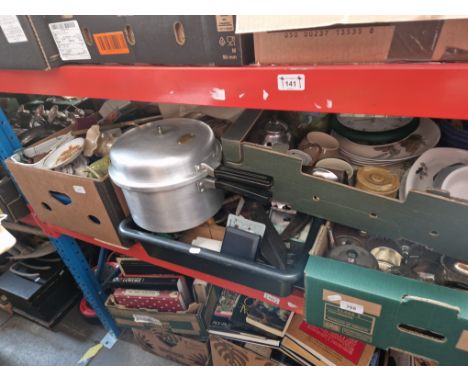Three boxes of mixed ceramics, glass and a pressure cooker, wall tiles and 2 boxes of garden tools etc 