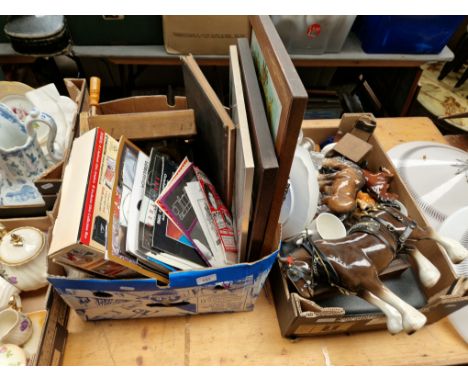 A box of ephemera to include a box of compacts, buttons, whistle, print of Aldaniti with signature of jockey, theatre program