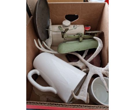 A misc lot to include metal kitchen scales, antlers, cup and jug, stoneware water bottle, etc. 