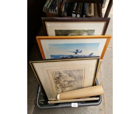 A box of pictures and prints including aircraft Jaguar with F104 Starfighter print 