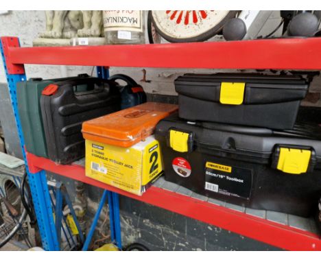 A collection of tools to include 2 ton trolley jack, socket set,2 plastic tool boxes, Black &amp; Decker cordless drill, Blac