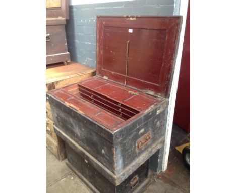 An antique joiner's toolbox with fitted interior containing a number of vintage hand tools, saws etc.