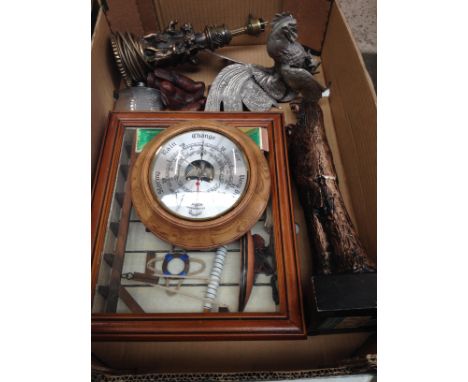 A box of mixed items including a maritime diorama, barometer, hip flask, bird models etc 