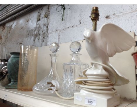 Glass vases, decanters and a lamp 