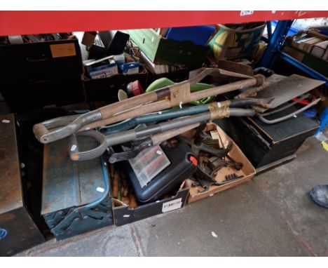 4 cable reels, electric hedge trimmer, 2 boxes of tools, Black &amp; Decker electric drill, 2 metal toolboxes and a wooden to