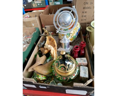 A box of misc items to include brass crucifix, vintage shoe trees, aluminium globe on a stand, marble ornaments, glass platte