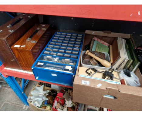 A box of fishing tackle / equipment together with 2 wooden cases and a multidrawer unit complete with fishing equipment / tac