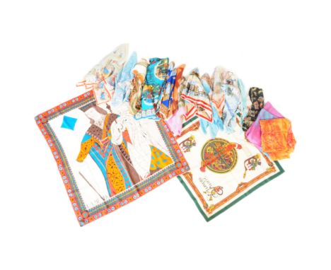 A large collection of vintage scarves including eleven souvenir scarves with France,Italy and Bristol in various materials in