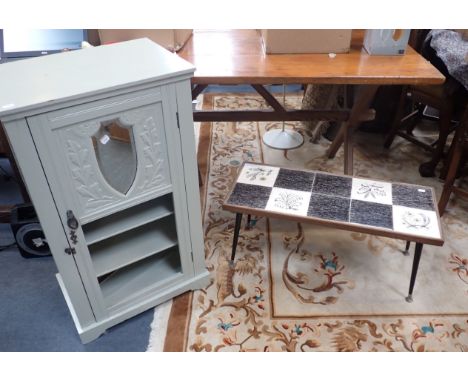 A 1950S COFFEE TABLE INSET WITH POOLE POTTERY TILES 79cm long, and an Edwardian music cabinet (painted) (2)