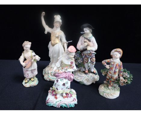 FIVE 18TH CENTURY DUESBURY DERBY PORCELAIN FIGURES (all damaged and restored), variously with patch marked and ground bases 