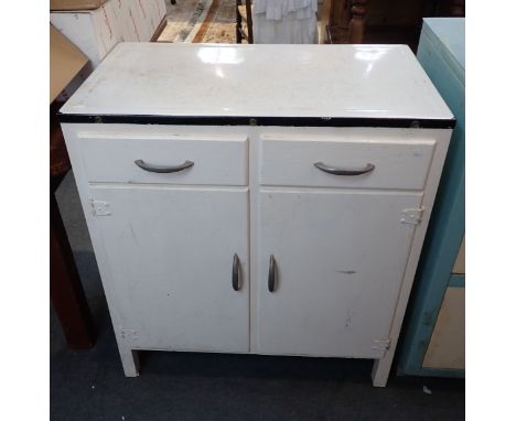 A VINTAGE ENAMEL-TOPPED KITCHEN CUPBOARD fitted two drawers over a pair of doors 78cm wide (painted)
