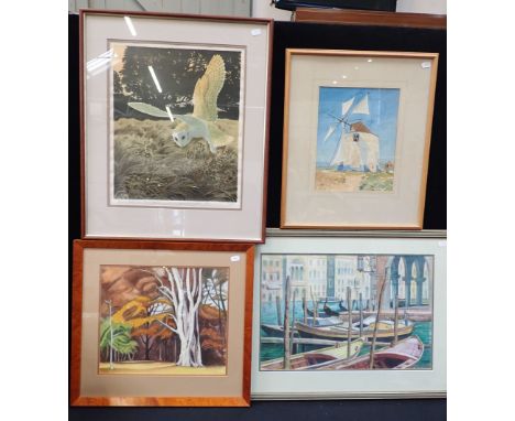 RON JONES, A GREEK WINDMILL watercolour, with two watercolours by R Hazell, Venice and a woodland scene, and a print of a bar