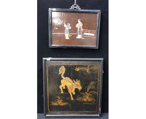 A FRAMED JAPANESE LACQUERED PANEL (double-sided) 50.5 x 52.5cm (cut from a piece of furniture), and a smaller Shibayama type 