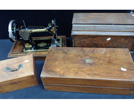 A VINTAGE SINGER SEWING MACHINE, OAK CASED a 19th Century brass-mounted mahogany writing slope, and a mahogany box (3)