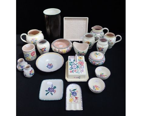 POOLE POPPERY: A COLLECTION OF TRADITIONAL PAINTED WARE with a relief moulded castle tray, and a (cracked) 1960s cylinder vas