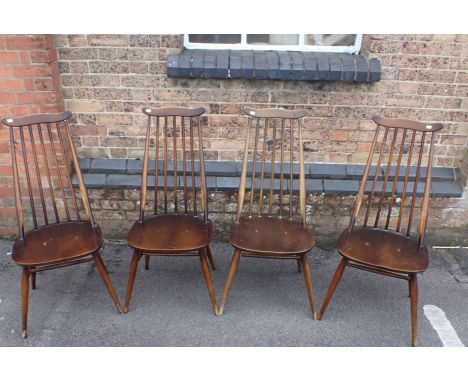 A SET OF FOUR ERCOL DARK FINISH HIGH BACK CHAIRS (for restoration)