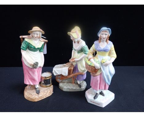 THREE SPODE BONE CHINA â€˜CRIES OF LONDONâ€™ FIGURES Milk Below, Primroses and Cherries 