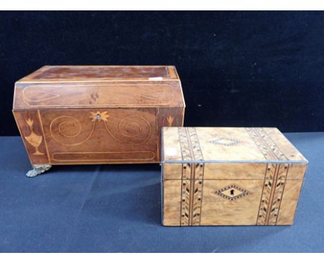 A REGENCY MAHOGANY SARCOPHAGUS SHAPE TEA CADDY fitted interior (partly restored), and a smaller tea caddy with parquetry band