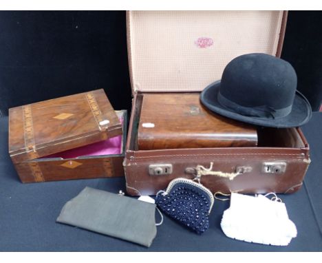 A VINTAGE BOWLER HAT 'LONDON - EXTRA QUALITY' approx. size 7, with three evening bags and a (damaged) marquetry box, and anot