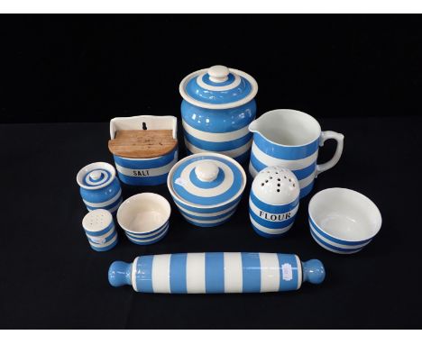 A T.G. GREEN CORNISHWARE FLOUR SIFTER (BLACK SHIELD) salt box and other items (the rolling pin marked only 'Made in England (