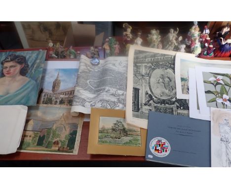 A COLLECTION OF UNFRAMED ITEMS including an oil portrait, prints of Venice etc