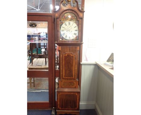 A 19TH CENTURY MAHOGANY EIGHT-DAY LONGCASE CLOCK, POSSIBLY SCOTTISH striking on a bell, the dial arch painted with the Landin