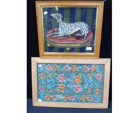 A BEADWORK PANEL, FLOWERS AND BIRDS, FRAMED 39 x 60cm overall, with a wool work Dalmatian , in modern maple frame (2)