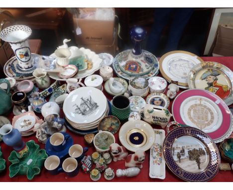 A SMALL CHINESE VASE (A/F), A WADE DECANTER 'Pusser's Rum', four Moorcroft blue coffee cans and saucers (stained), and other 