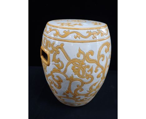 A CHINESE STYLE CERAMIC GARDEN SEAT 43cm high (cracked)