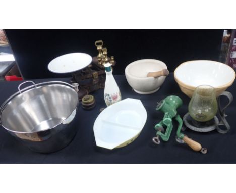 A COLLECTION OF KITCHENALIA including a set of scales and weights, a pestle and mortar, a preserving pan, a T G Green Berit T