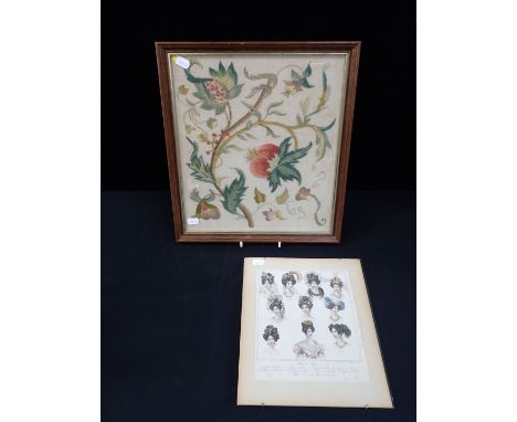 A CREWEL WORK FLORAL PANEL 38.5 x 34cm Framed), and a French fashion plate; 'Parisian Coiffures' (2)